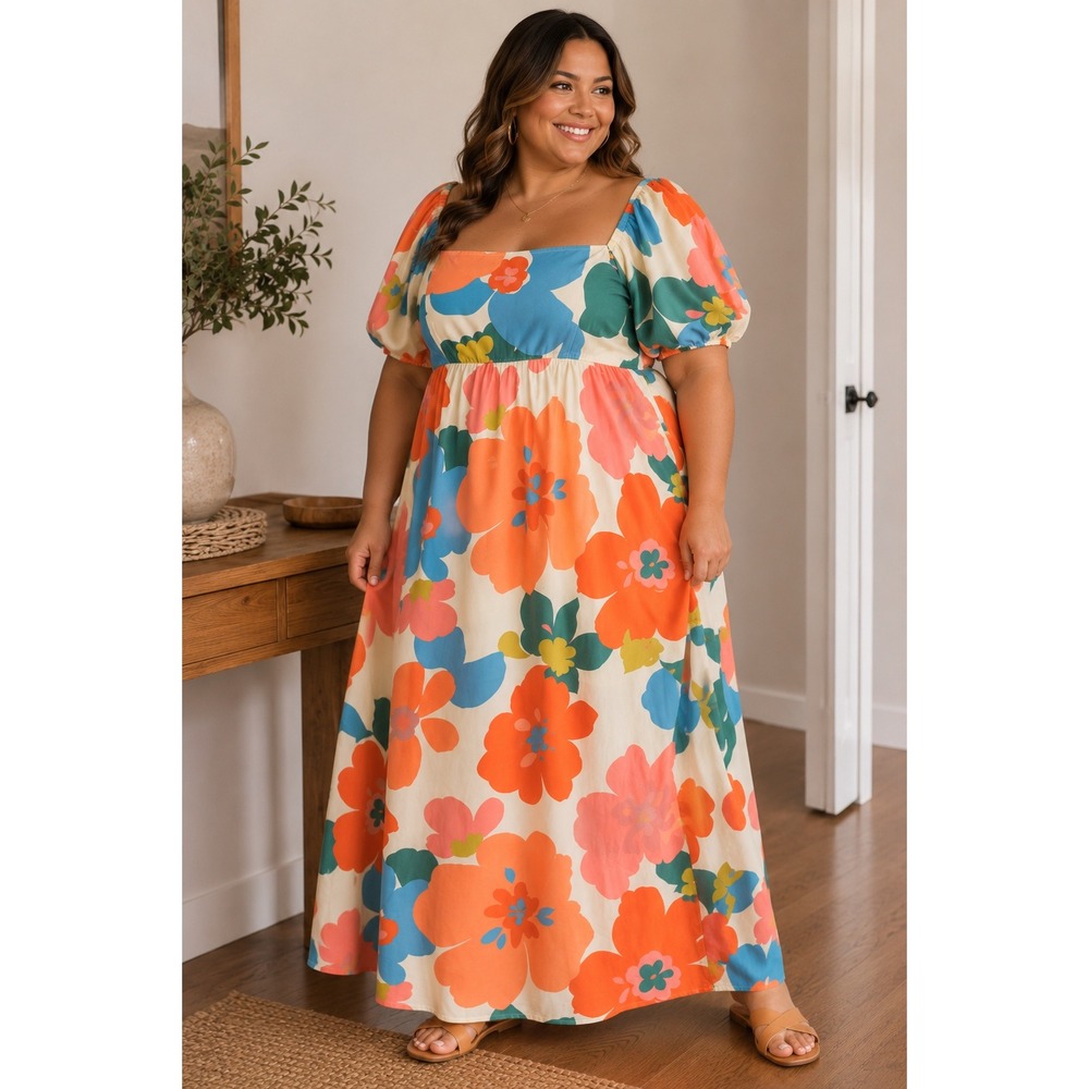 GeeGee Floral‎ Puff Sleeve Midi Dress Wedding Guest Vacation Coastal Coquette